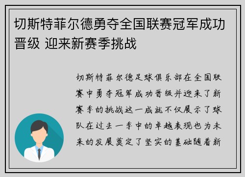 切斯特菲尔德勇夺全国联赛冠军成功晋级 迎来新赛季挑战 切斯特菲尔德勇夺全国联赛冠军成功晋级 迎来新赛季挑战