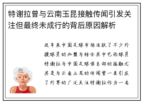特谢拉曾与云南玉昆接触传闻引发关注但最终未成行的背后原因解析